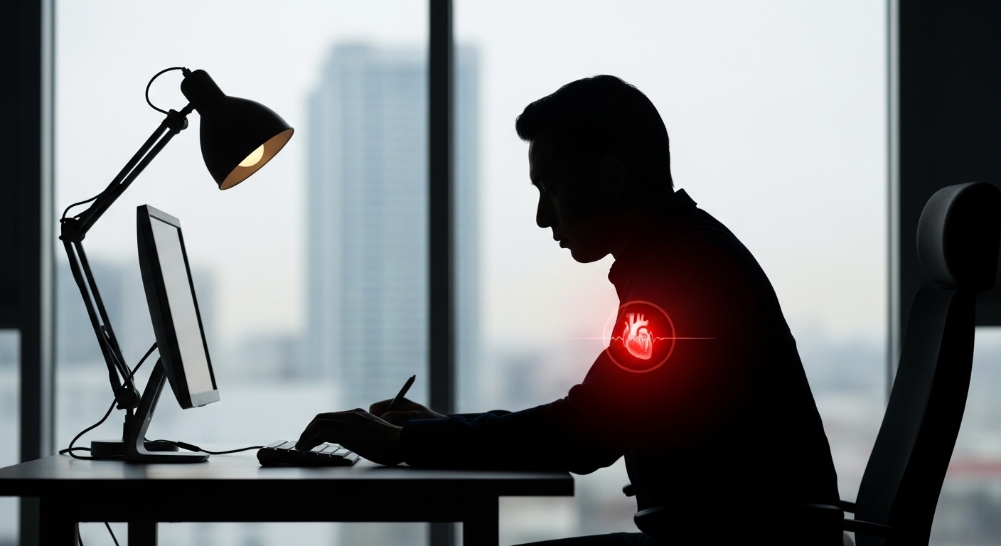책상 앞에 오래 앉아있는 현대인의 실루엣과 그 심장 쪽에 빨간 경고등이 켜진 직관적인 이미지