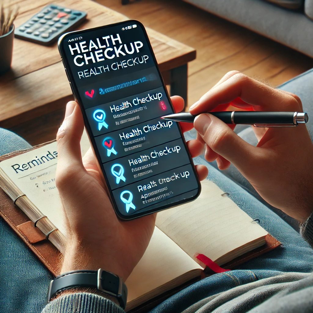 스마트폰으로 건강검진 알림을 확인하는 사람. 알림 화면에 다가오는 예약 정보가 표시되어 있으며&amp;#44; 아늑한 거실의 옆 테이블에 노트북과 펜이 배치된 모습
