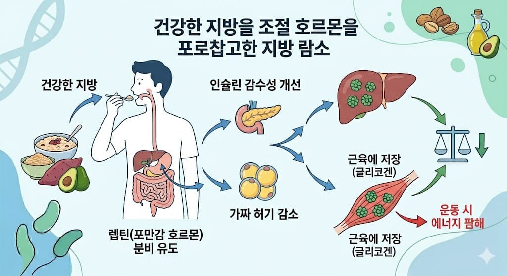 지방 섭취 체지방 연소 원리 호르몬 조절 인슐린 감수성 개선 렙틴 포만감 가짜 허기 감소 영양학 인포그래픽