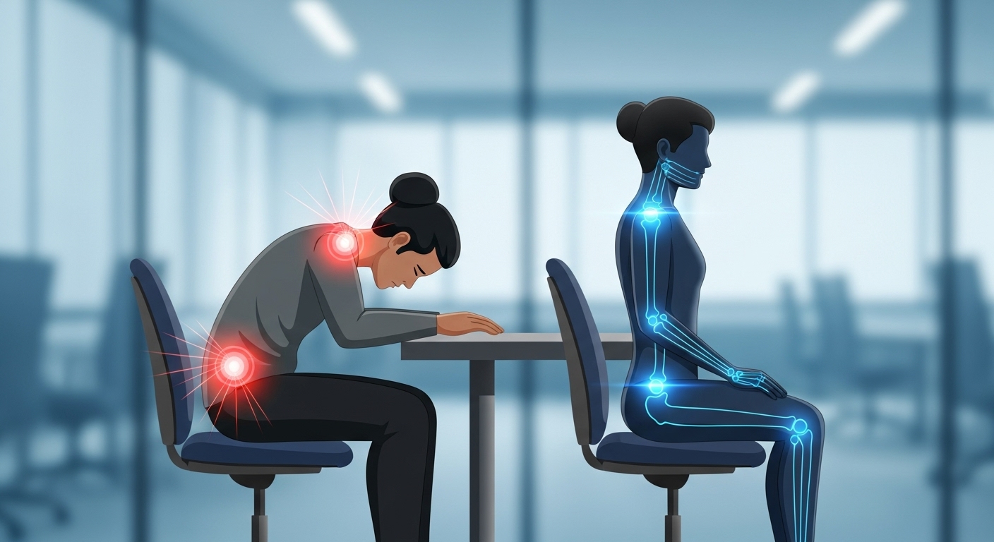 잘못된 자세로 앉아 목과 허리에 통증 신호가 나타나는 사람과 올바른 자세를 비교하는 일러스트.