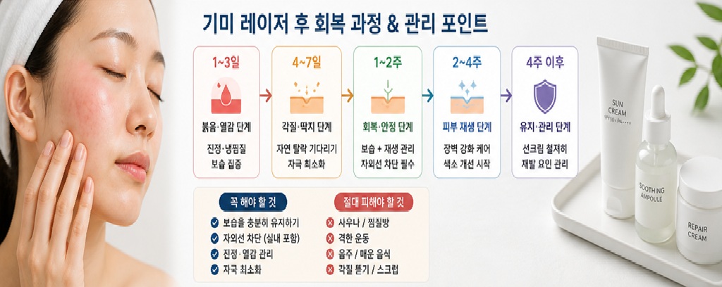 기미 레이저 후 회복 과정과 관리 포인트(1~3일 붉음, 4~7일 각질, 1~2주 회복, 2~4주 재생, 4주 이후 유지) 정리