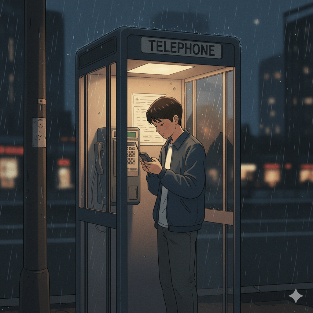 공중전화 박스 안의 청소년