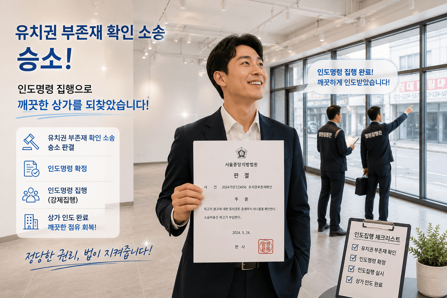 부동산 유치권 부존재 확인 소송에서 승소한 판결문을 들고 인도명령을 집행하기 위해 깨끗하게 정리된 상가 건물 내부를 둘러보는 모습