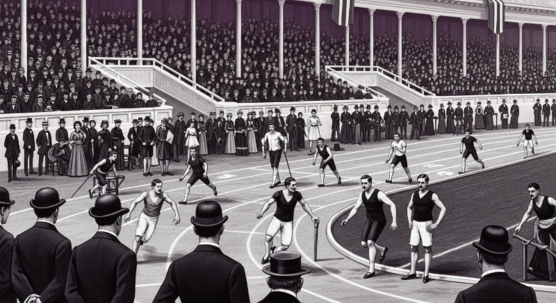 1896년 아테네에서 열린 근대 올림픽 부활 당시 육상 경기를 펼치는 선수들과 관중의 모습