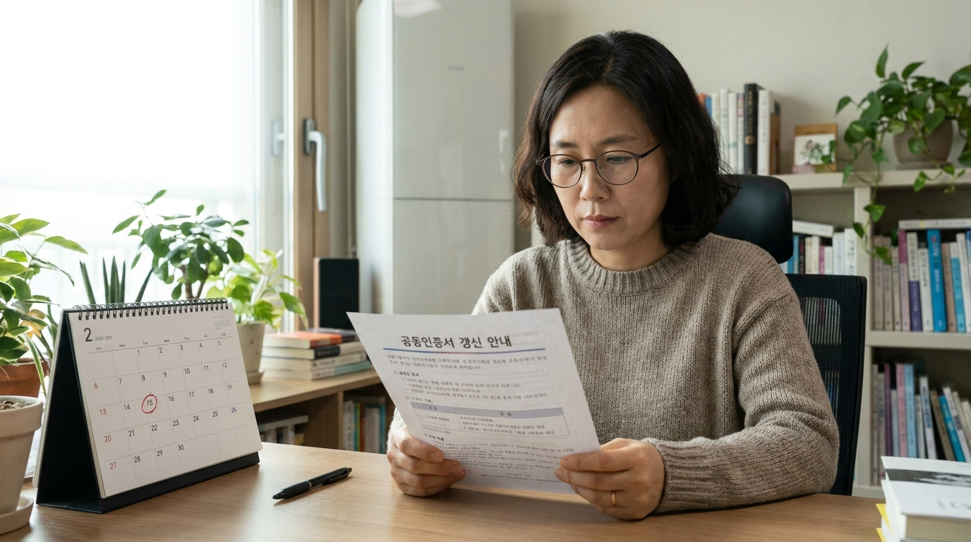 책상에서 인증서 안내문을 읽는 사람