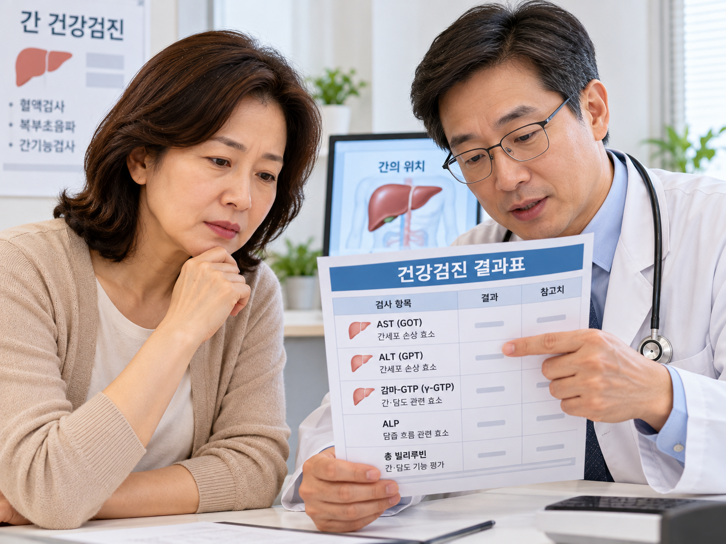 건강검진 결과표의 AST ALT 항목을 살펴보는 중년 여성과 의사의 이미지