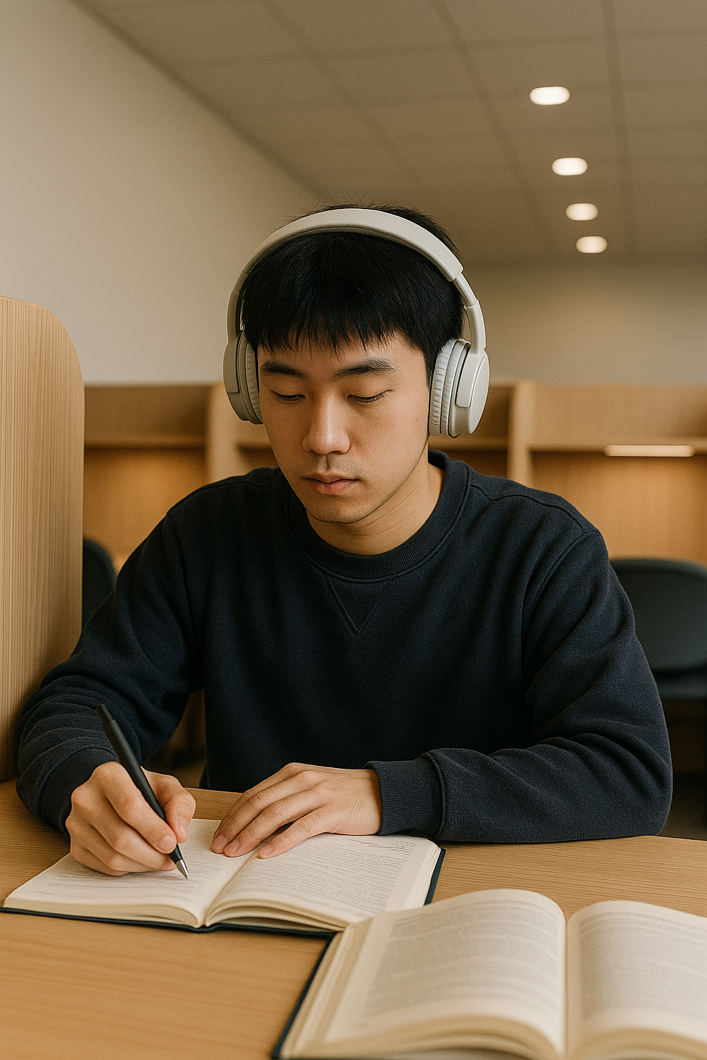 조용한 독서실에서 공부하는 수험생