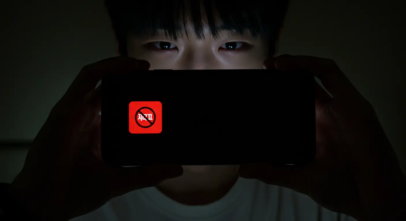 휴대폰 미납으로 서비스 이용이 정지된 화면을 보며 절망하는 한국인 청년