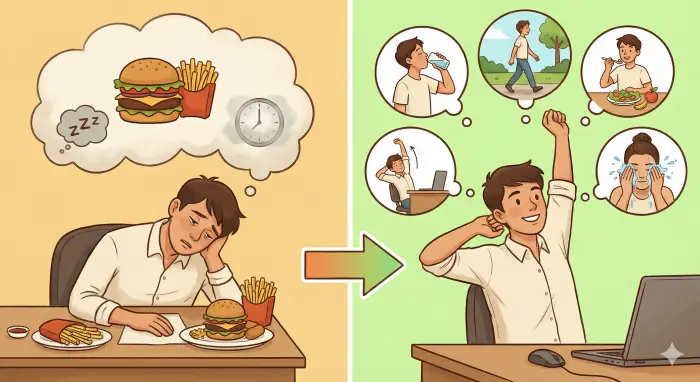 왼쪽의 과식 후 졸린 모습과 오른쪽의 5가지 활동(물, 산책, 가벼운 식사, 스트레칭, 세수)으로 활력을 되찾은 모습을 대조한 이미지.