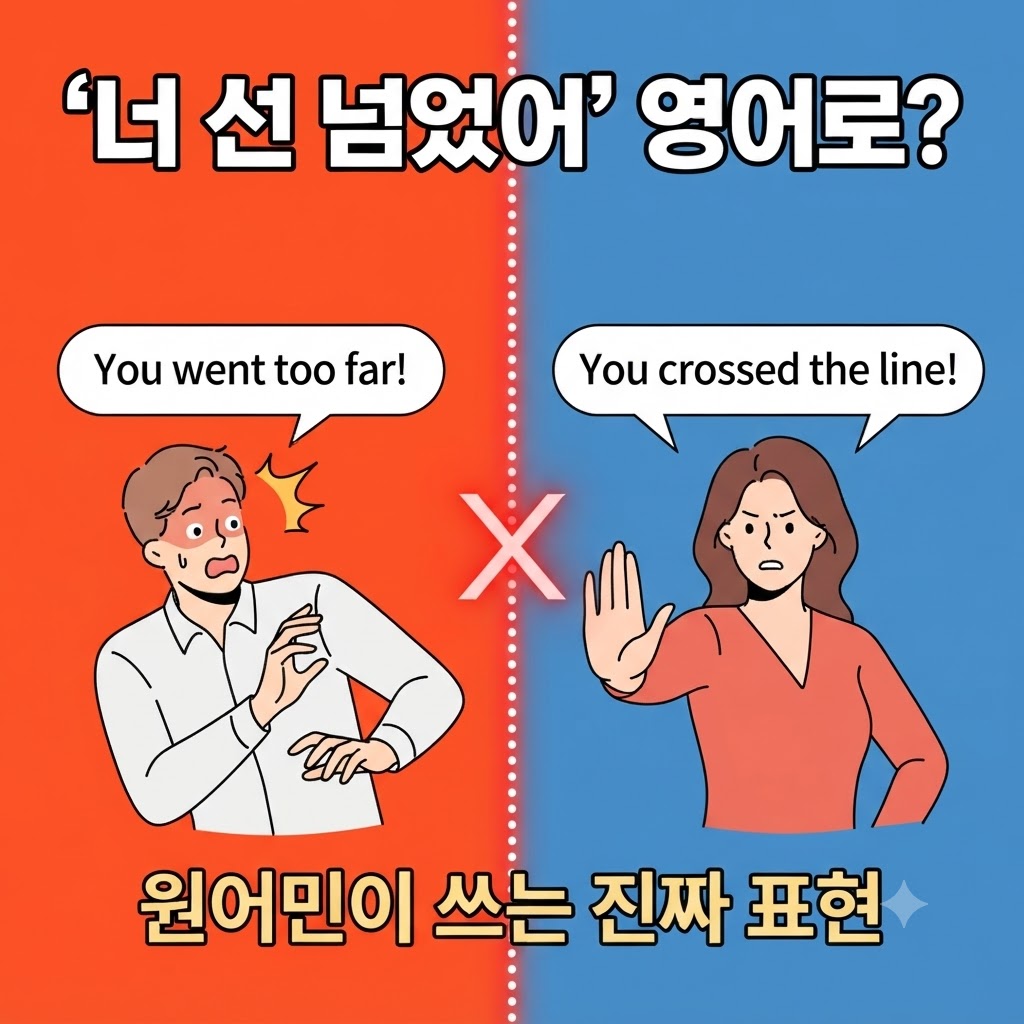 "&lsquo;너 선 넘었어&rsquo; 영어로? 'You went too far!'와 'You crossed the line!' 등 원어민이 자주 쓰는 일상 영어 표현을 알려주는 학습 썸네일 이미지"