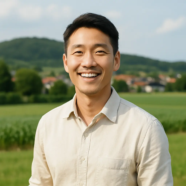 녹음 짙은 들판과 전원 마을을 배경으로 자신감 있게 웃고 있는 한국인 남성의 모습