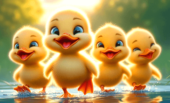 4마리의 아기 오리들이 웃으면서 빗물이 가득한 길을 나란히 걷고있다. 몸은 노란색이다.