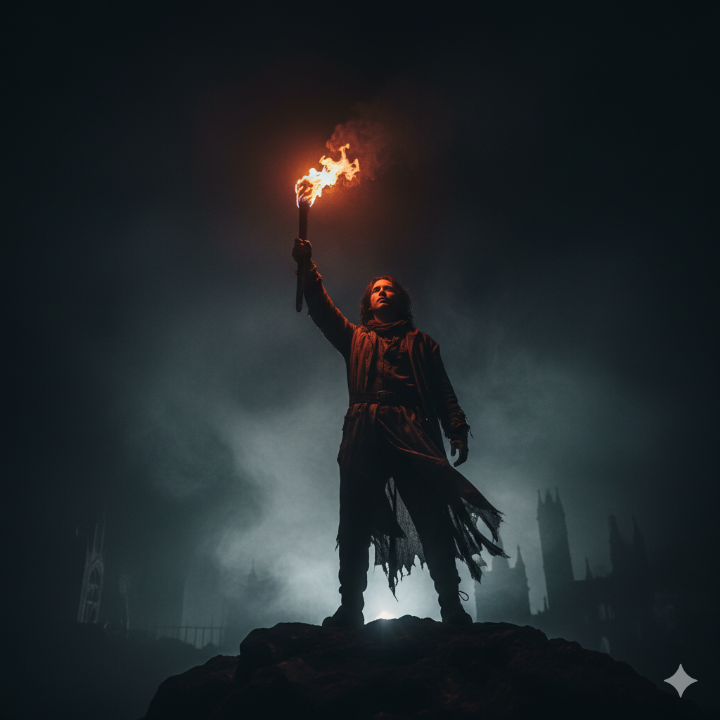 어두운 배경 속에서 횃불을 들고 있는 한 사람의 실루엣
