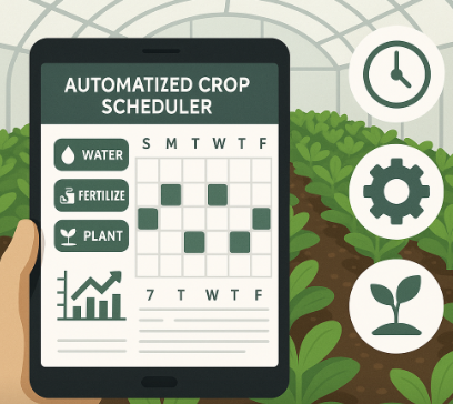자동 재배 스케줄러 화면을 보여주는 태블릿과 온실 내부 작물들