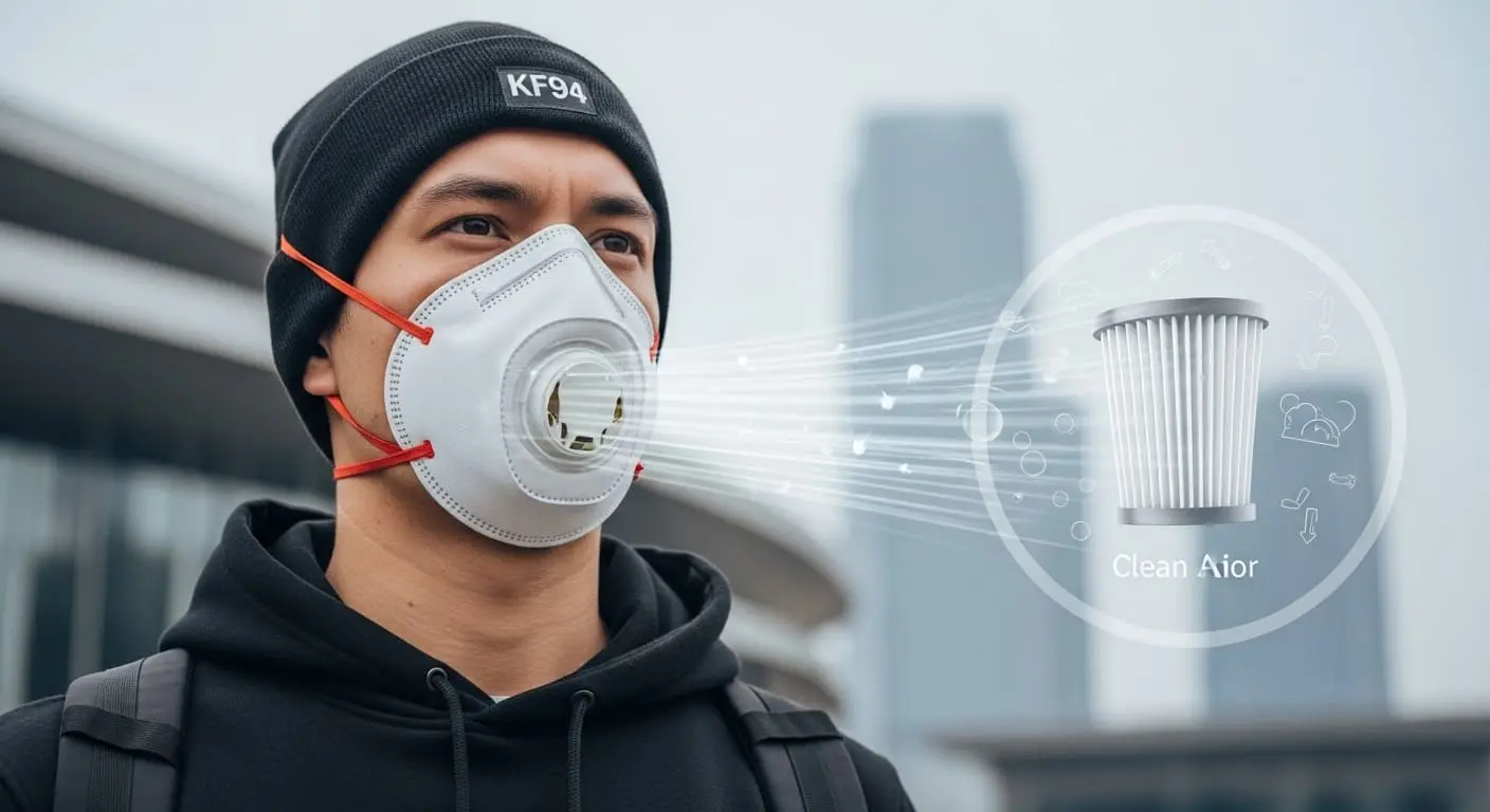 KF94 마스크를 올바르게 착용한 사람이 도시 야외를 걷는 모습, 초미세먼지 예방을 강조