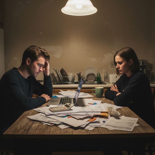 돈 문제로 갈등을 겪으며 스트레스를 받는 커플의 모습.