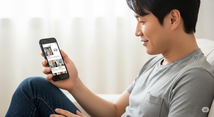젊은 남성이 스마트폰으로 블로그를 보며 만족스러운 표정을 짓는 모습
