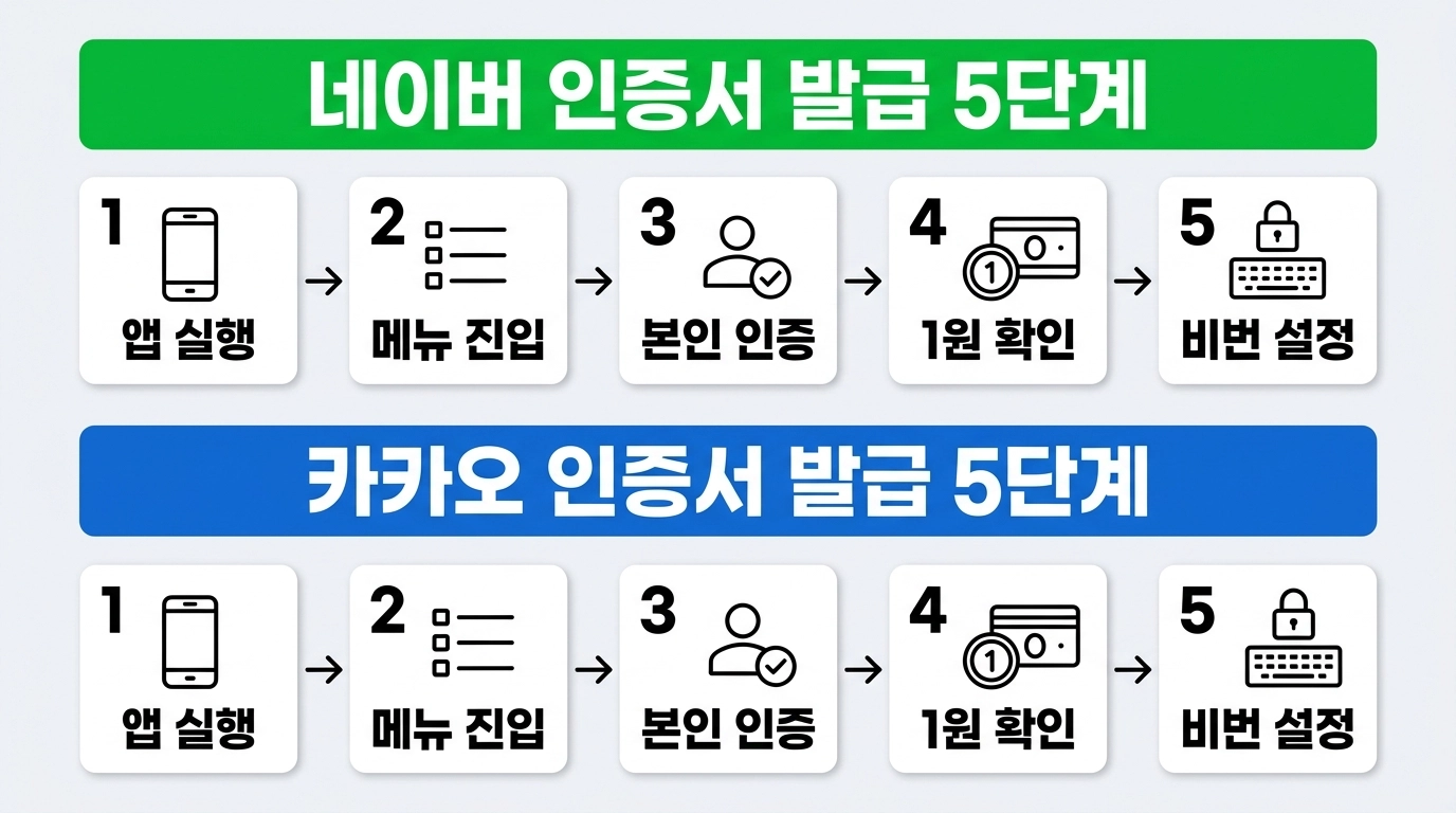 네이버 인증서 발급 5단계와 카카오톡 지갑 인증서 발급 5단계 절차 비교 인포그래픽