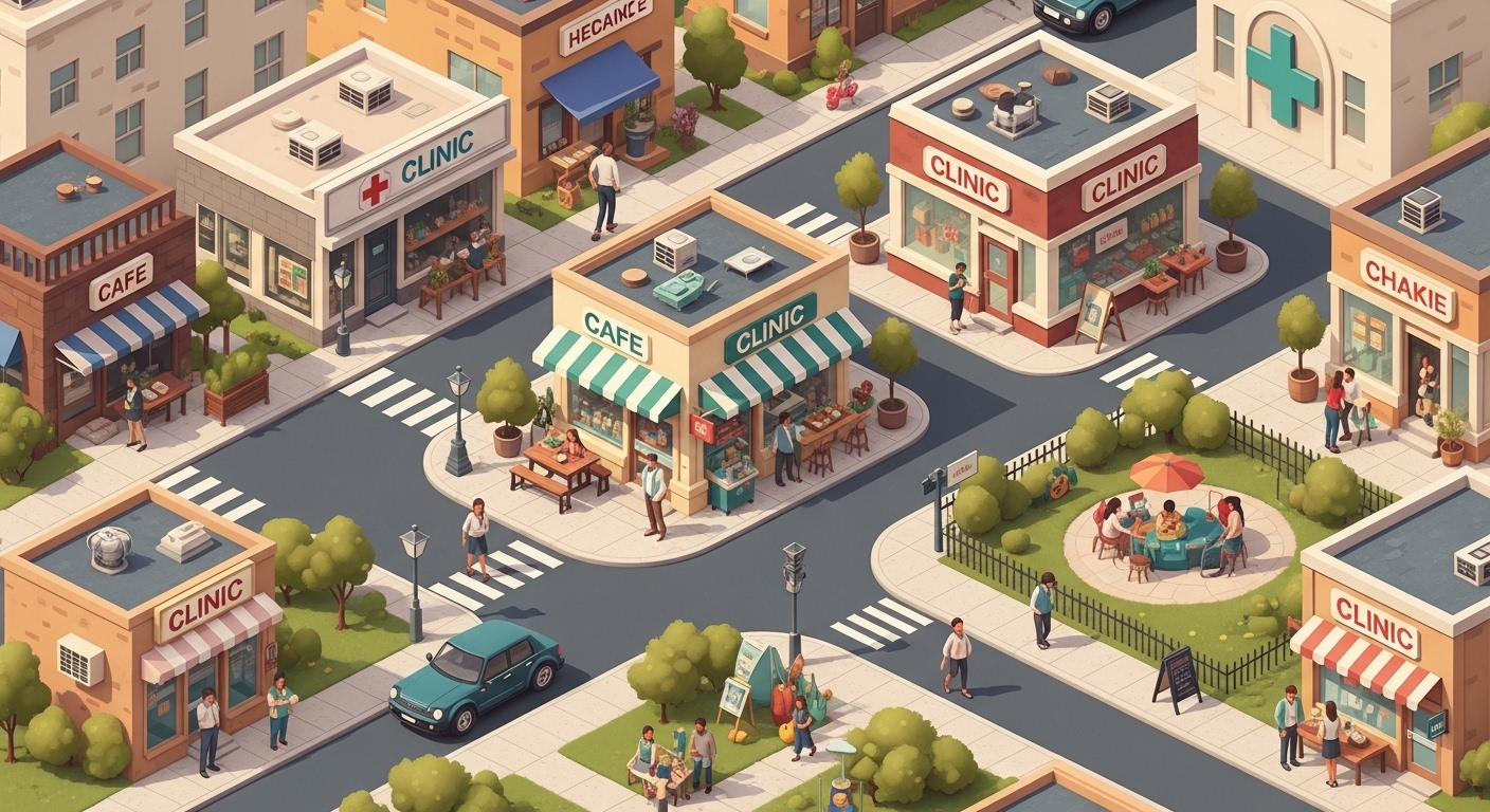 카페, 상점, 공원 등이 있는 활기찬 동네 상권 일러스트로, 생활 편의시설 분석을 상징.