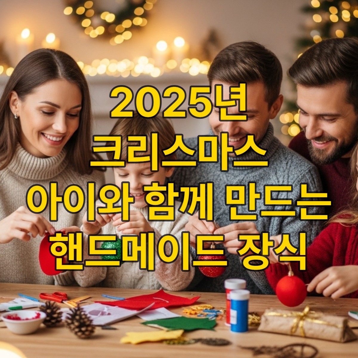 따뜻한 조명 아래, 엄마 아빠와 두 아이가 함께 종이, 펠트, 솔방울 등으로 크리스마스 장식을 만들며 즐거워하는 모습. 가족의 행복한 크리스마스 준비 시간.