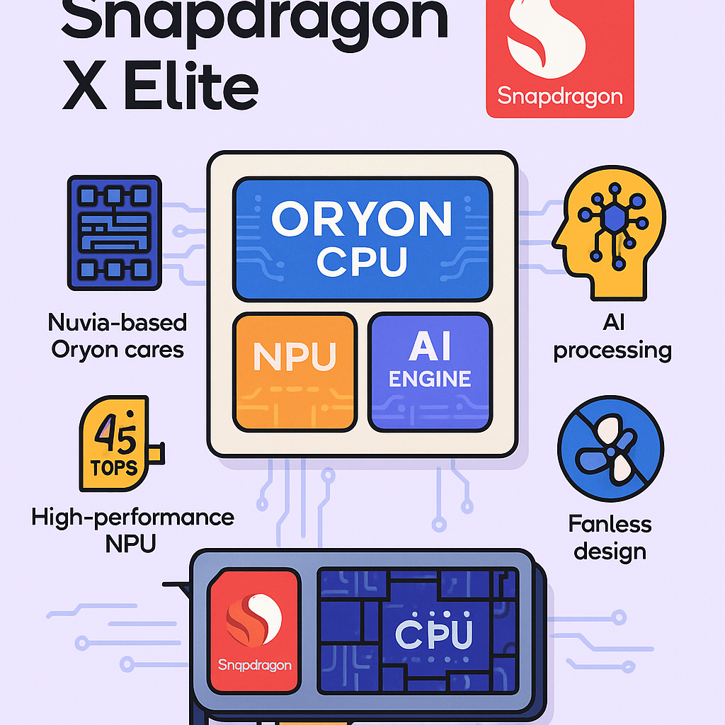 X Elite, Nuvia 코어, AI 성능 시각 요약 2025 퀄컴 스냅드래곤 X Elite 아키텍처 인포그래픽