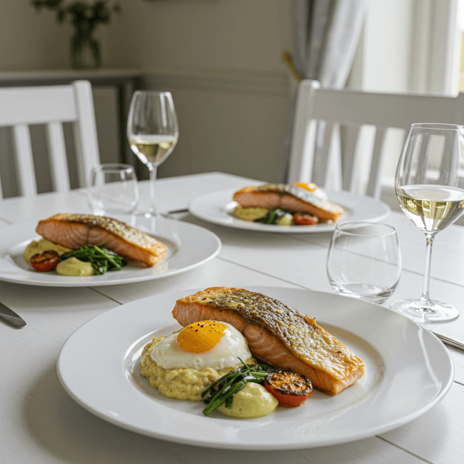 뼈 건강에 좋은 식자재로 만든 요리가 하얀 접시 3개 위에 나눠져 있고 와인잔이 옆에 놓여 있는 테이블 모습