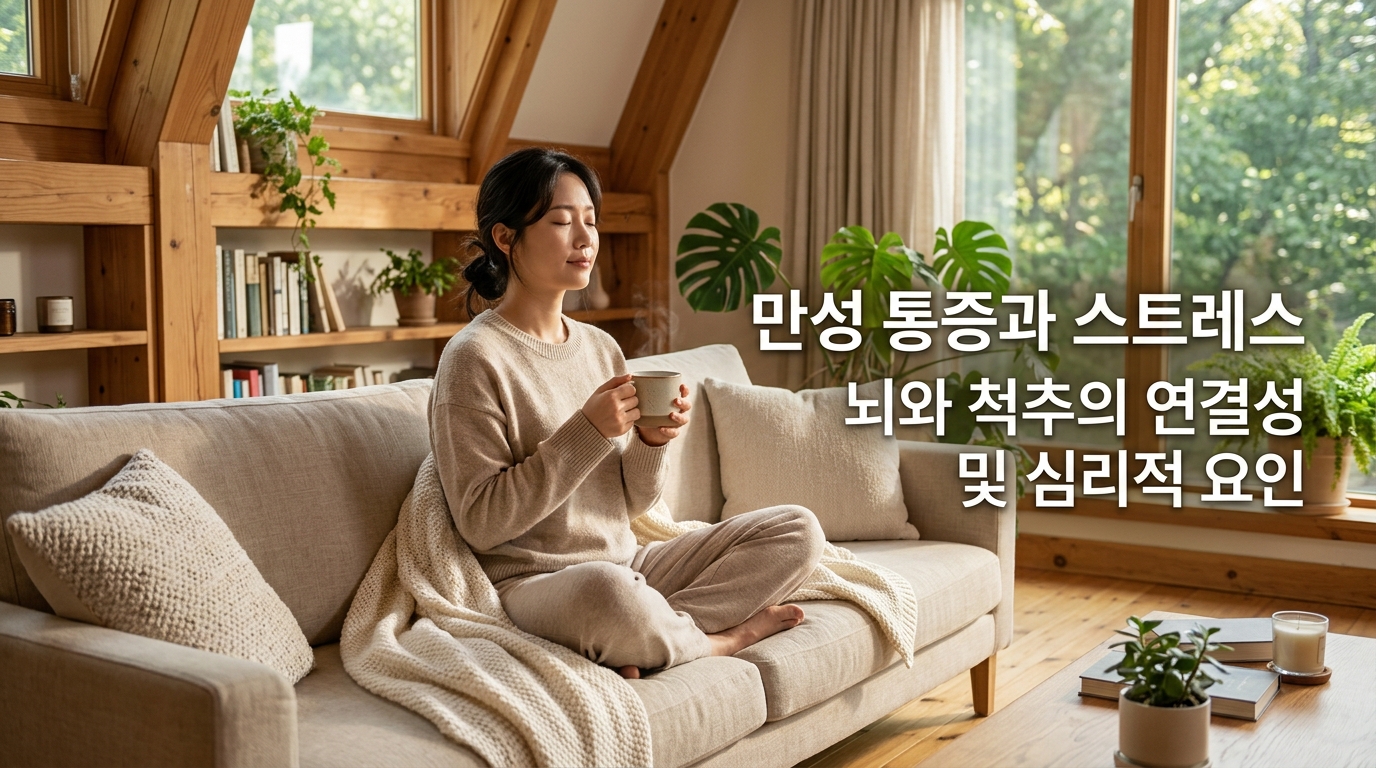 햇살이 은은하게 비치는 아늑한 거실 쇼파에 앉아 따뜻한 차를 마시며 깊은 숨을 쉬며 마음의 안정을 취하고 있는 모습. '만성 통증과 스트레스', '뇌와 척추의 연결성 및 심리적 요인'이라는 문구가 적혀 있어, 심리적 스트레스 관리가 척추 건강에 미치는 중요성을 시각화함.