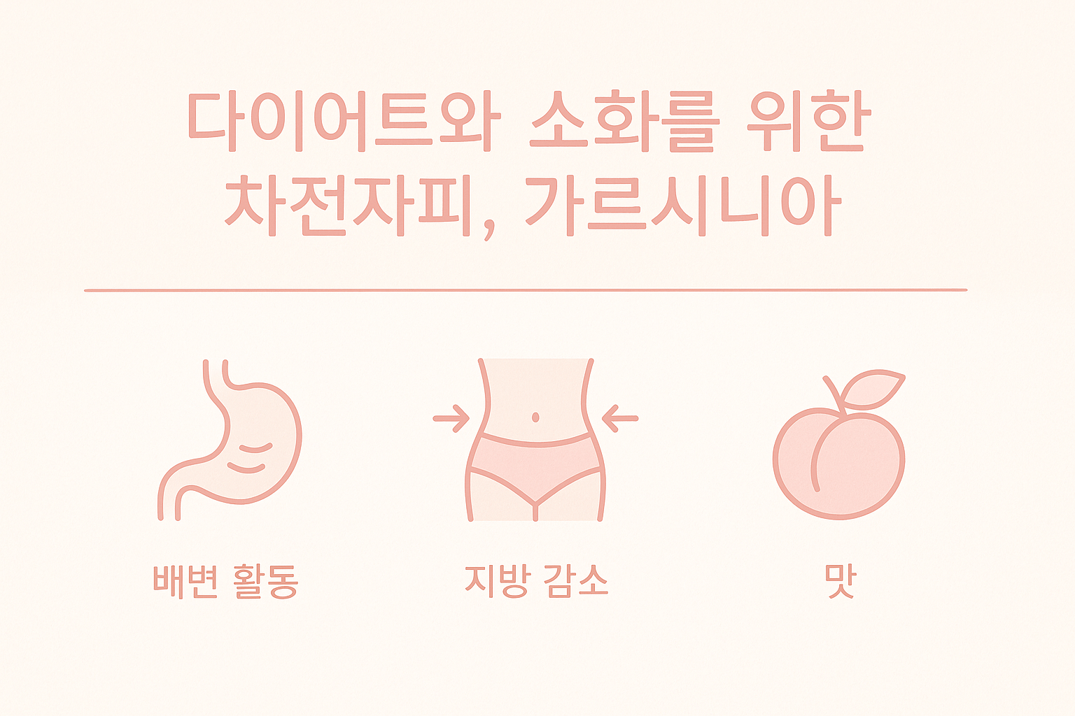 다이어트와 소화를 위한 차전자피, 가르시니아 안내 인포그래픽(상단 제목 텍스트)과 함께 &lsquo;배변 활동&middot;지방 감소&middot;맛&rsquo;을 의미하는 위 아이콘, 허리 라인 아이콘, 과일 아이콘이 나란히 배치된 심플한 핑크 톤 디자인 이미지