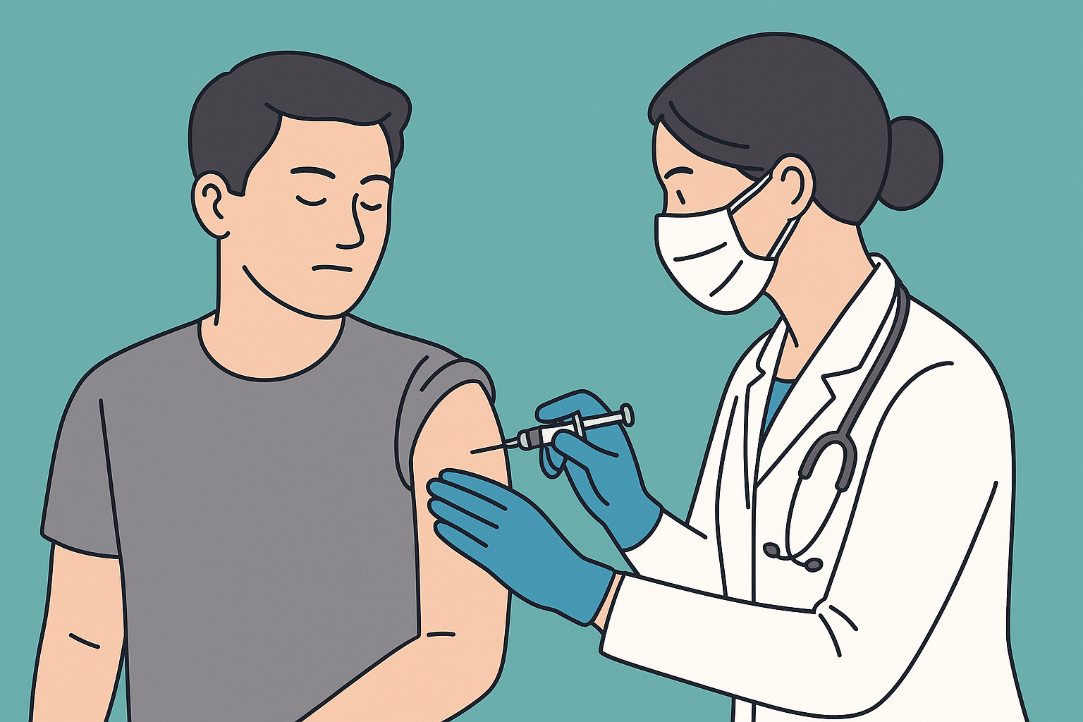 의료진이 남성의 팔에 파상풍 예방주사를 놓는 장면을 묘사한 미니멀 스타일의 일러스트 이미지