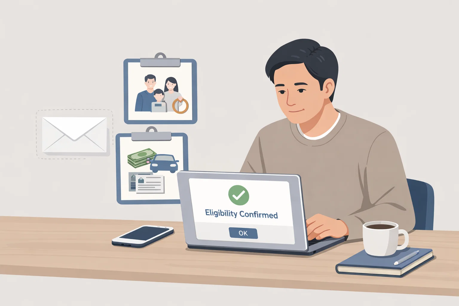 노트북 화면의 확인 표시와 가구&middot;재산 자료 구성을 통해 근로장려금 지급 대상자 조회 과정을 간단히 이해하도록 돕는 이미지