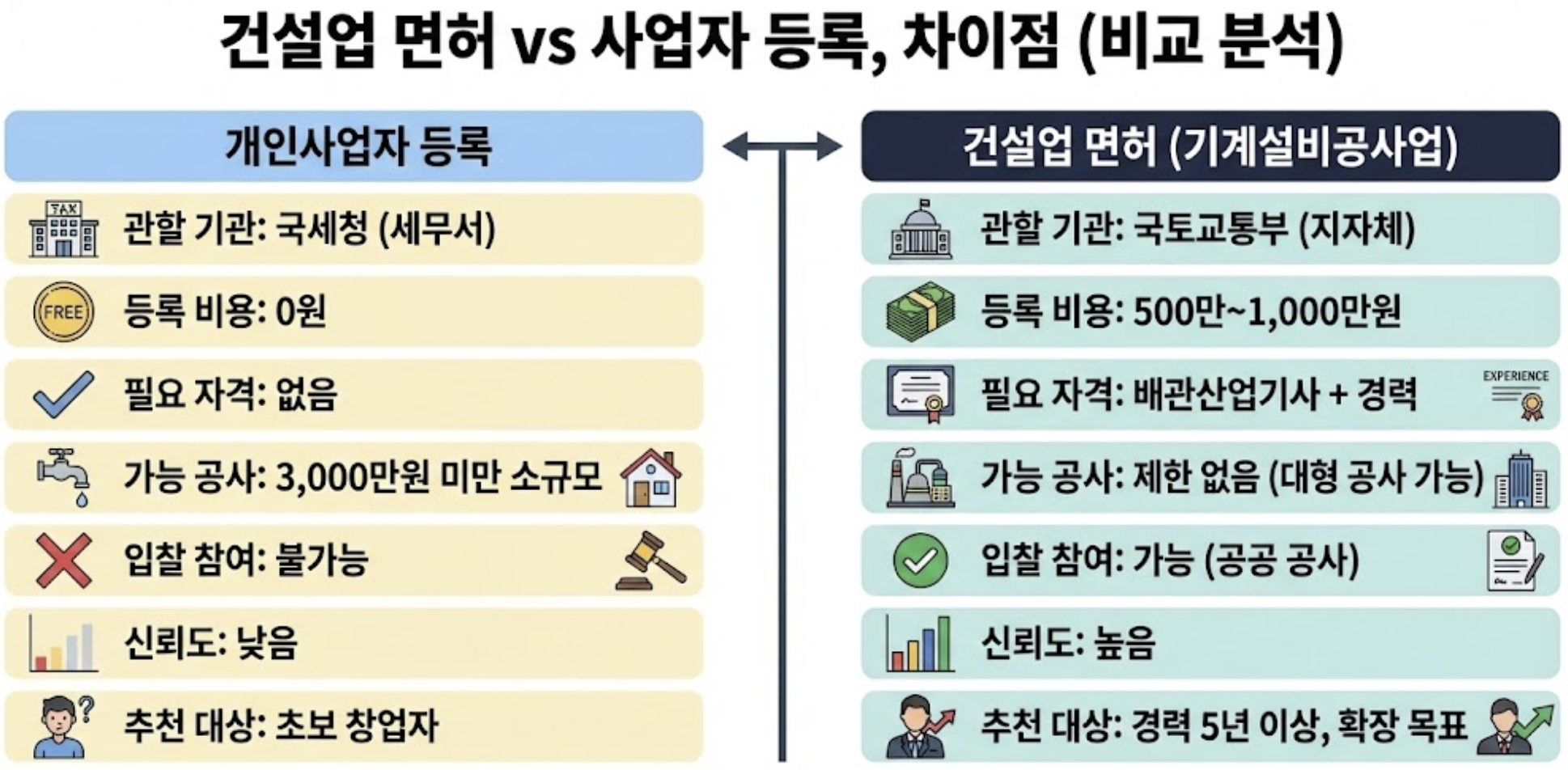 건설업 면허 vs 사업자 등록, 차이점 신청 조건 설명 이미지