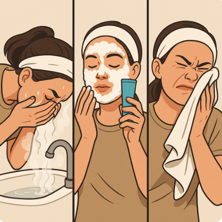 뜨거운 물로 세안, 세안제의 지나친 사용, 마른 수건의 과도한 사용 등 잘못된 세안습관을 표현한 이미지