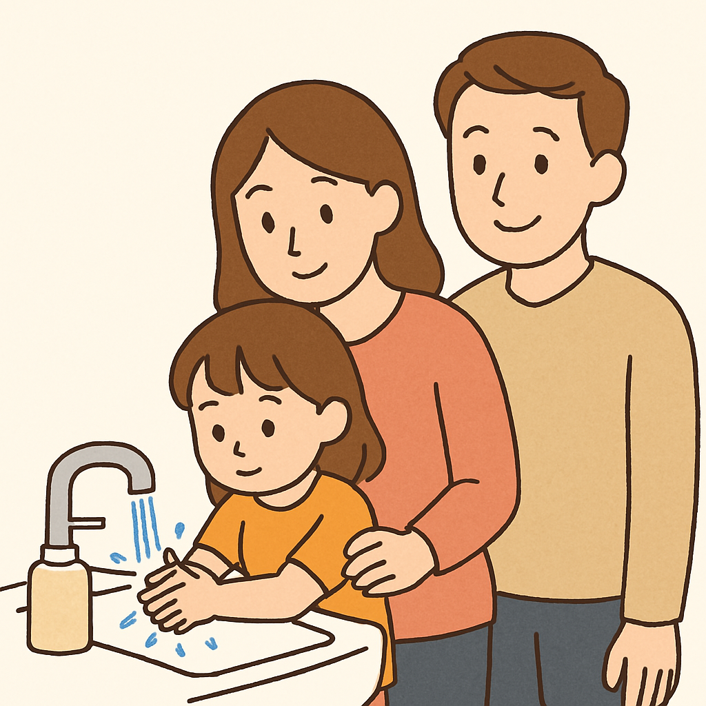 장염 재감염 예방을 위해 손 씻기를 실천하는 아이와 이를 지켜보는 부모의 모습, 따뜻하고 깔끔한 감성 일러스트