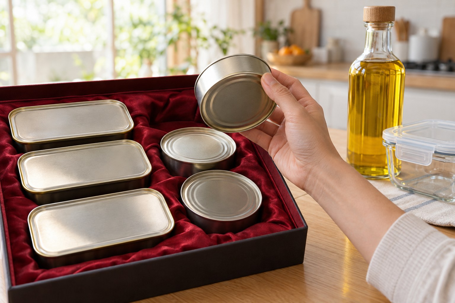 붉은 천을 깐 선물세트 상자에 네모난 햄 통조림 세 개와 둥근 참치캔이 담겨 있고, 한 손이 참치캔 하나를 들어 바닥을 살펴보고 있다. 옆에는 식용유 병과 빈 밀폐용기가 놓여 있다.