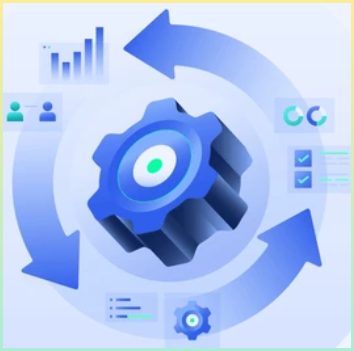 자동화를 나타내는 이미지. 그래프와 아이콘을 통해 회전하는 느낌을 나타낸다.