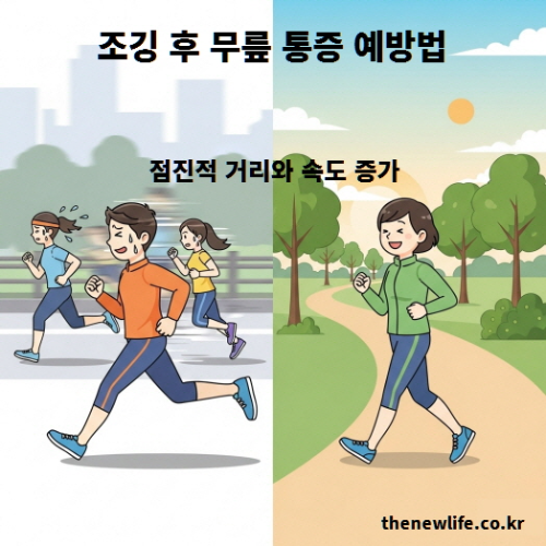 조깅 운동 초보자가 도심과 공원에서 점진적으로 거리와 속도를 늘리며 무릎 통증을 예방하는 모습