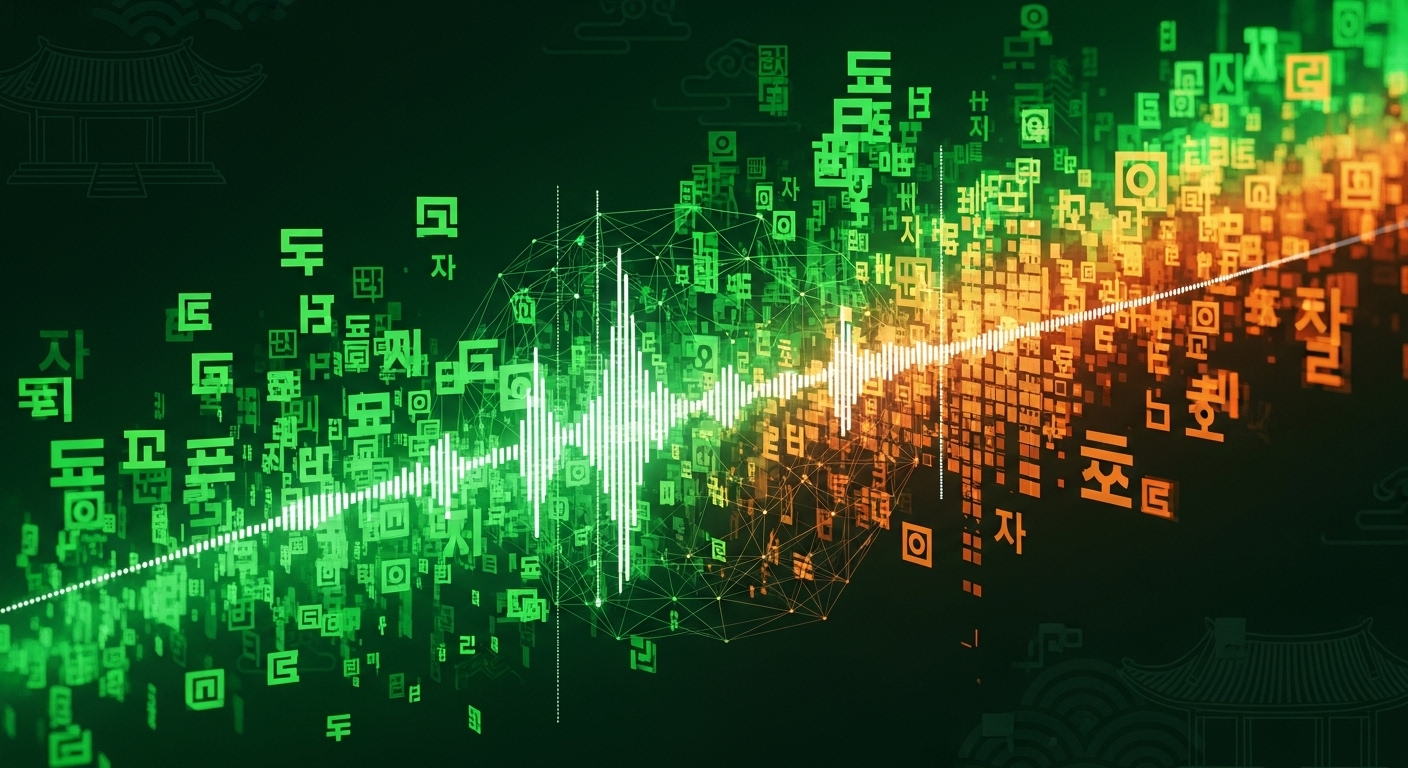 한국어 텍스트, 음성, 이미지 정보가 통합되어 처리되는 멀티모달 AI 신경망의 추상적인 모습. 한국 문화적 요소를 배경으로 깊은 이해를 상징합니다.