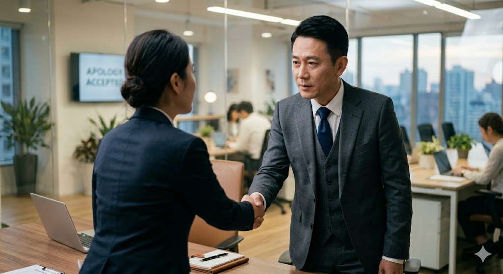 비즈니스 영어 사과 후 파트너십 신뢰 회복을 위한 악수 장면 홍비즈