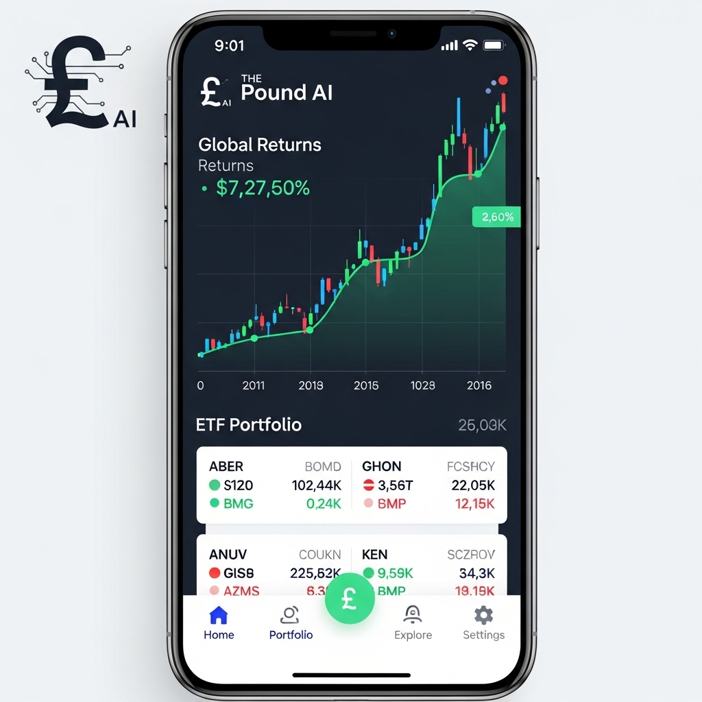 파운트 AI 투자 앱 화면. 글로벌 ETF 포트폴리오와 상승하는 수익률 그래프를 보여주는 깔끔한 모바일 인터페이스.