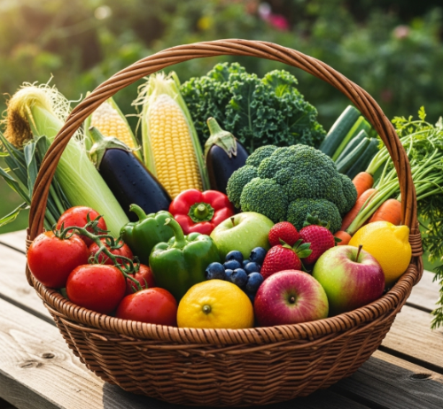 다양한 신선한 채소와 과일이 담긴 바구니