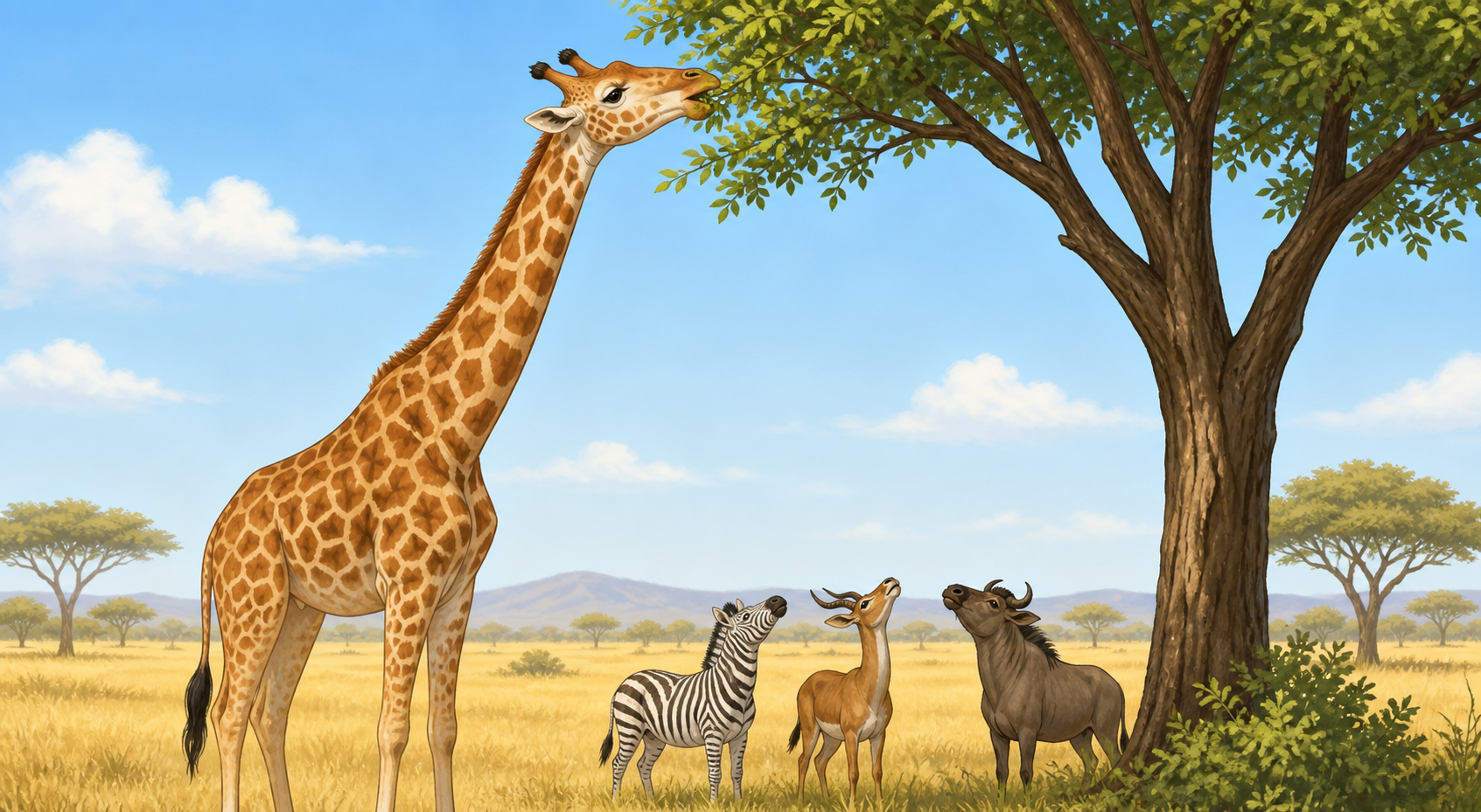 Educational illustration of a giraffe using its long neck to reach leaves in a tall tree