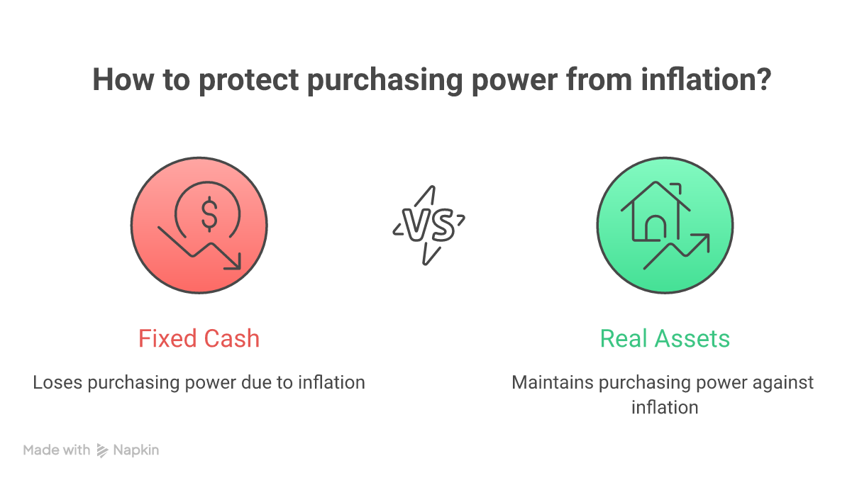 sticky inflation mechanism transferring purchasing power from fixed cash to real assets