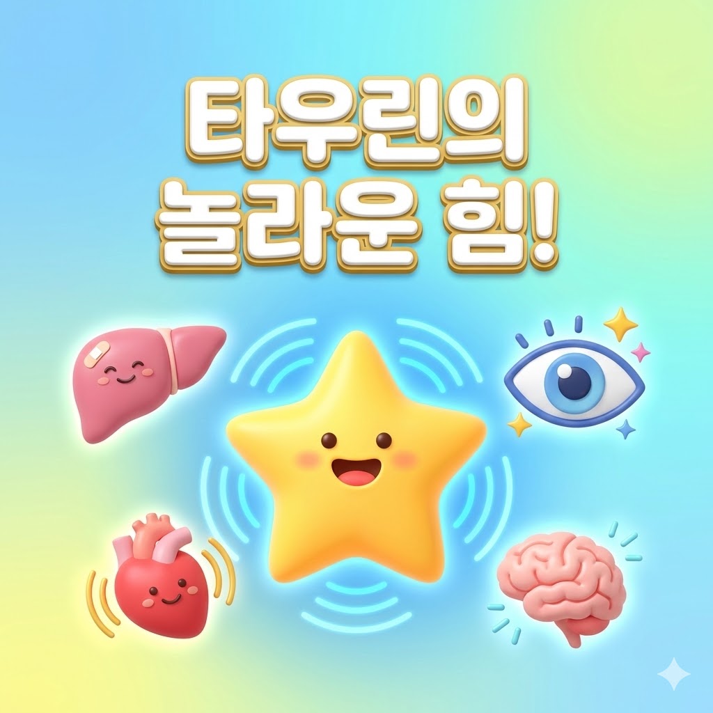 에너지가 넘치는 귀여운 캐릭터 주위에 건강한 간, 빛나는 눈, 튼튼한 심장, 활기찬 뇌가 3D 카툰 스타일로 표현된, 타우린의 놀라운 효능을 나타내는 이미지.