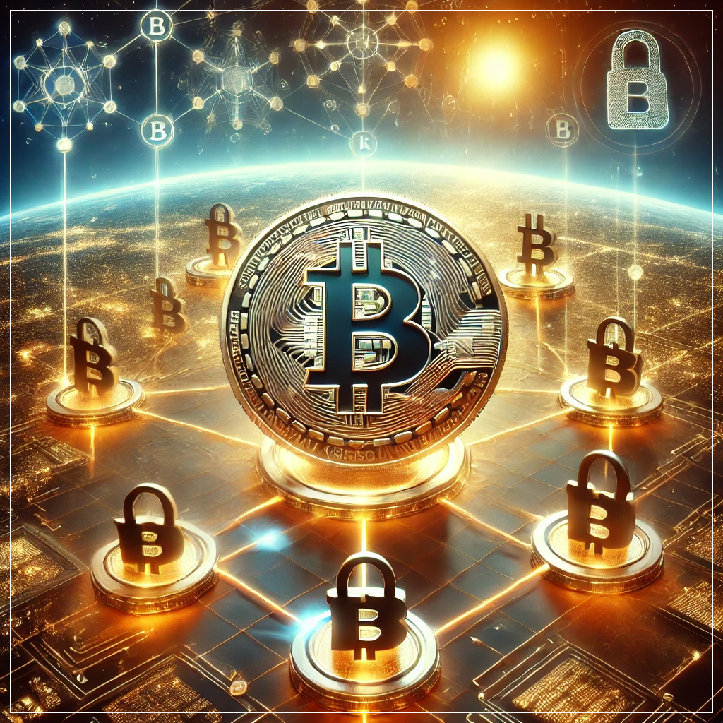 암호화폐를 상징하는 디지털 코인과 블록체인 네트워크