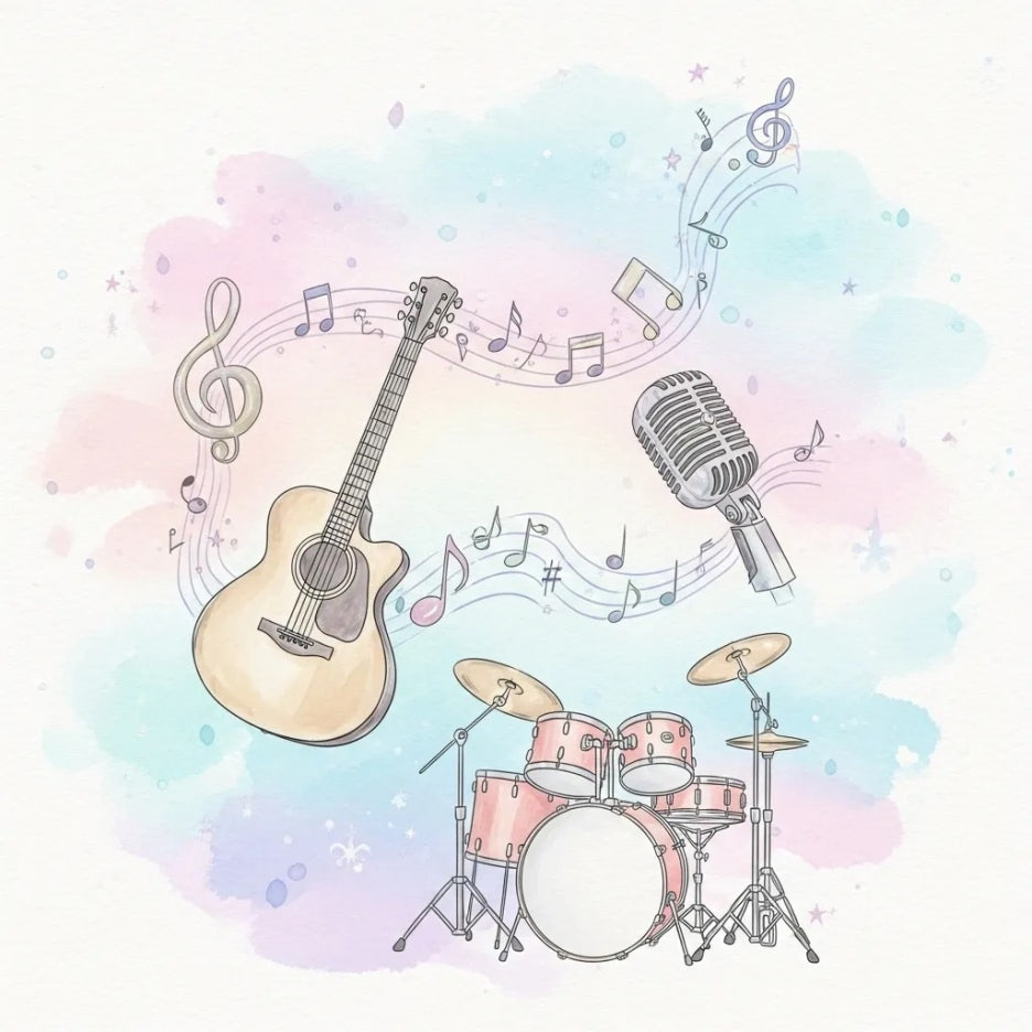 다양한 악기들과 음악적인 요소들이 어우러진 그림