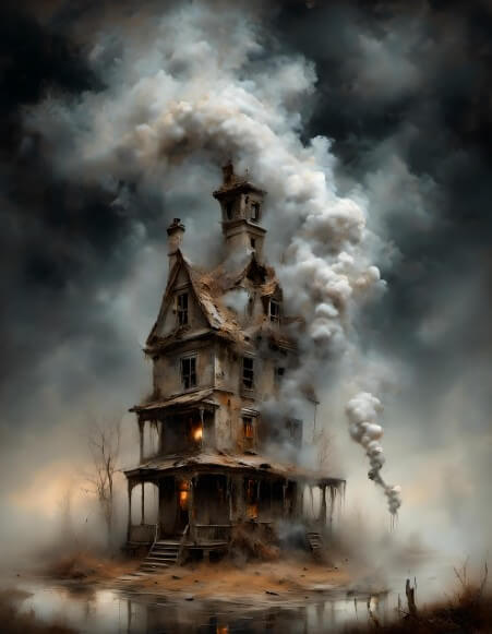 불이 붙은 집에서 연기가 나는 모습