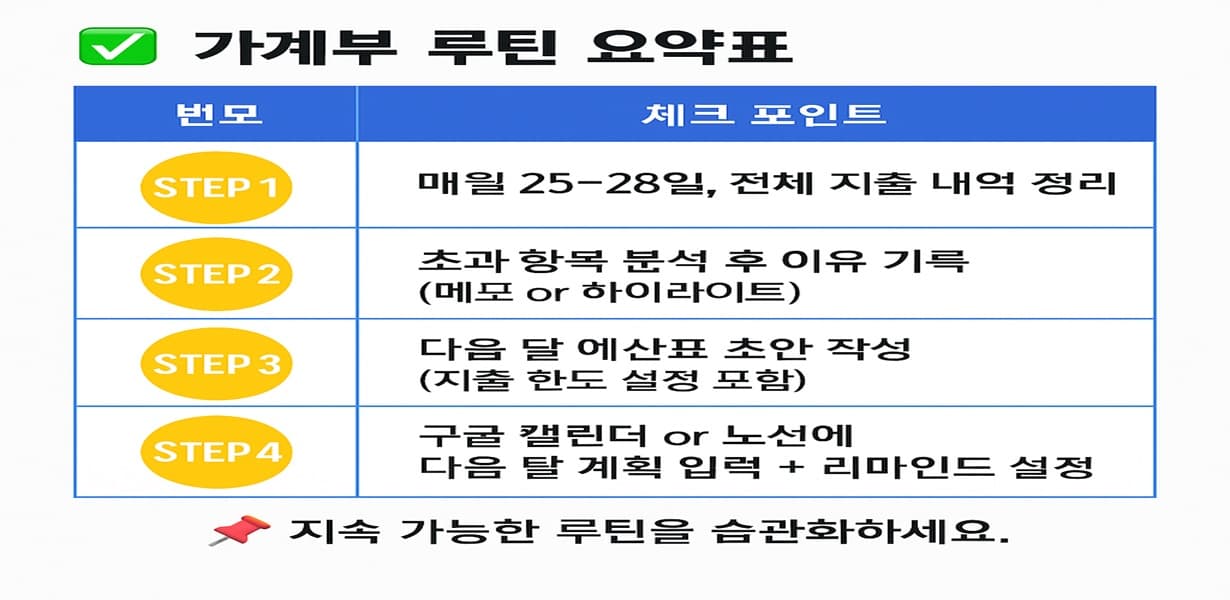 가계부 정리를 위한 4단계 루틴을 요약한 표로, 각 단계별 실행 포인트가 'STEP 1~4'로 구성되어 있으며, 반복 가능한 재정 루틴을 만드는 방법이 구체적으로 제시됨.