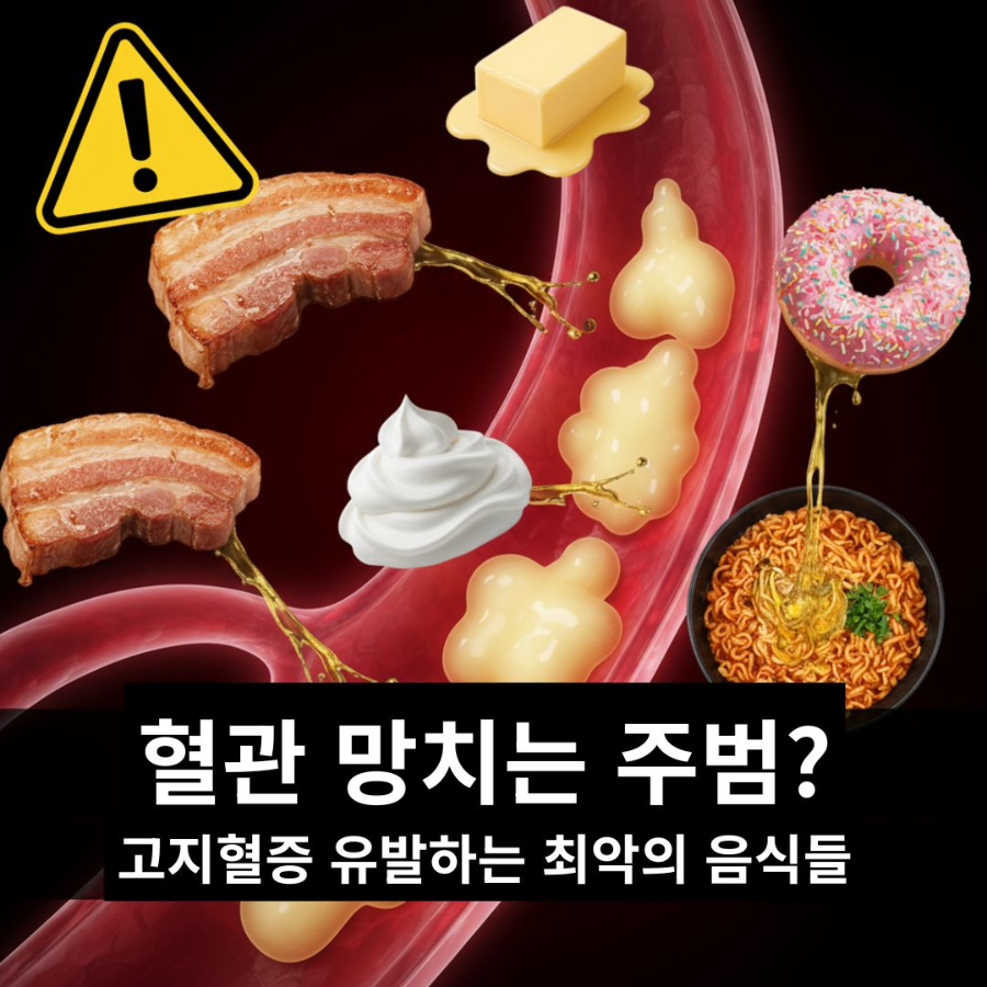 alt="붉은 혈관 위에 기름기가 얹혀진 음식들이 있고, 경고 사인이 있는 이미지로 시각적으로 충격을 줍니다"