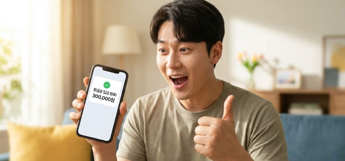 환급금을 받고 기뻐하는 한국인 남성의 모습