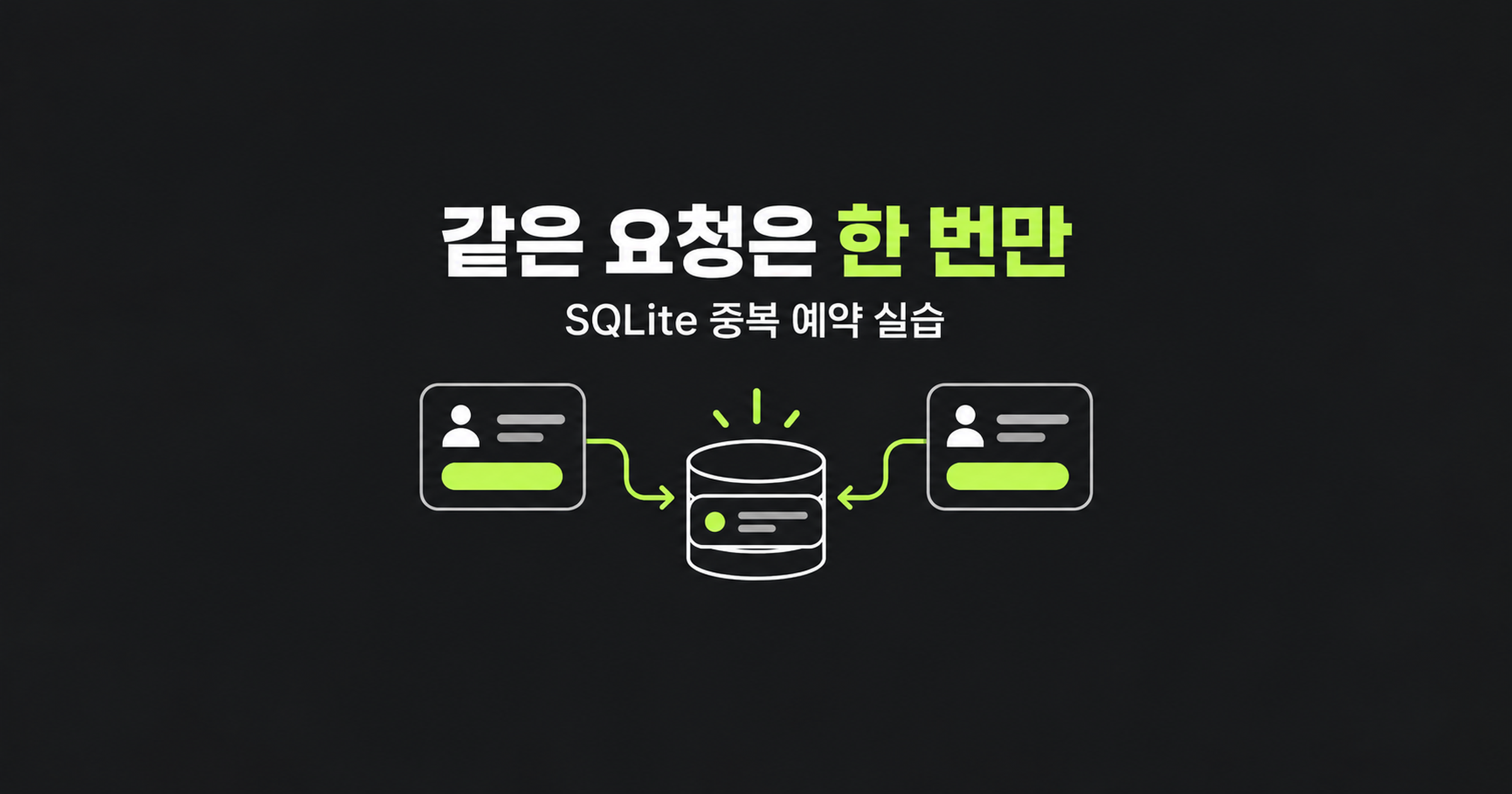 같은 요청은 한 번만: 두 요청 카드가 하나의 데이터베이스 행으로 모이는 SQLite 중복 예약 개념도